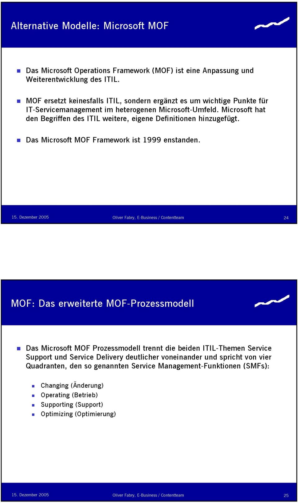 Microsoft hat den Begriffen des ITIL weitere, eigene Definitionen hinzugefügt. Das Microsoft MOF Framework ist 1999 enstanden.