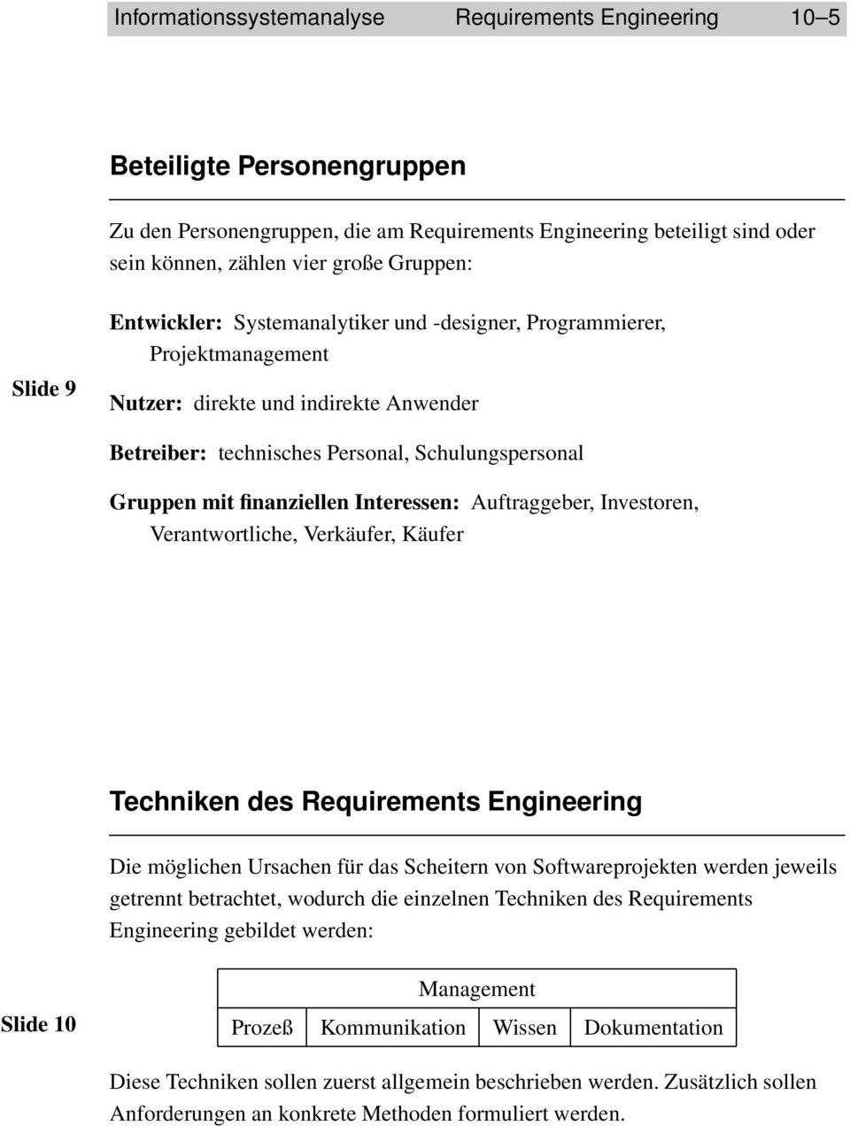 Interessen: Auftraggeber, Investoren, Verantwortliche, Verkäufer, Käufer Techniken des Requirements Engineering Die möglichen Ursachen für das Scheitern von Softwareprojekten werden jeweils getrennt