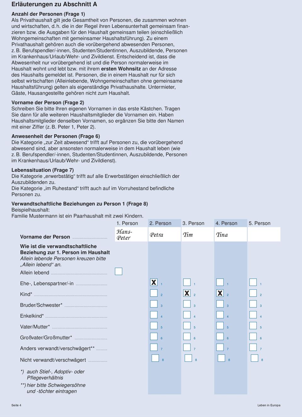 Zu einem Privathaushalt gehören auch die vorübergehend abwesenden Personen, z. B. Berufspendler/-innen, Studenten/Studentinnen, Auszubildende, Personen im Krankenhaus/Urlaub/Wehr- und Zivildienst.