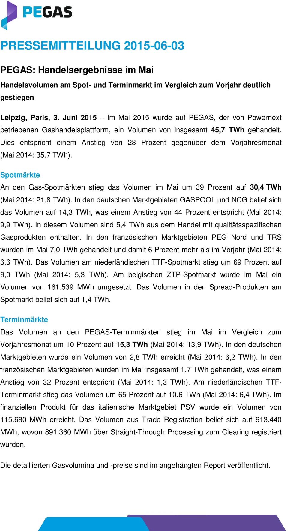 Dies entspricht einem Anstieg von 28 Prozent gegenüber dem Vorjahresmonat (Mai 2014: 35,7 TWh).