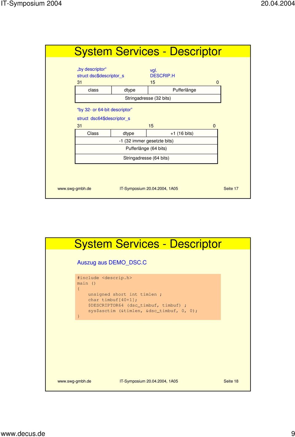 Pufferlänge (64 bits) 0 Stringadresse (64 bits) www.swg-gmbh.de IT-Symposium 20.04.2004, 1A05 Seite 17 System Services - Descriptor Auszug aus DEMO_DSC.
