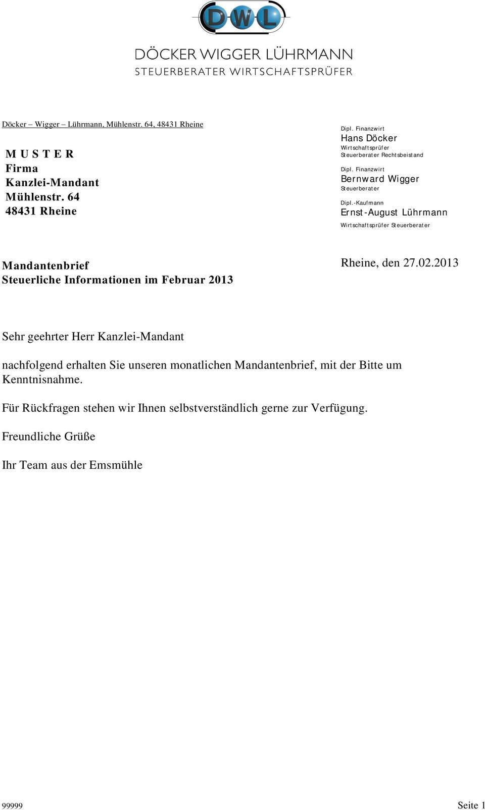 -Kaufmann Ernst-August Lührmann Wirtschaftsprüfer Steuerberater Mandantenbrief Steuerliche Informationen im Februar 2013 Rheine, den 27.02.