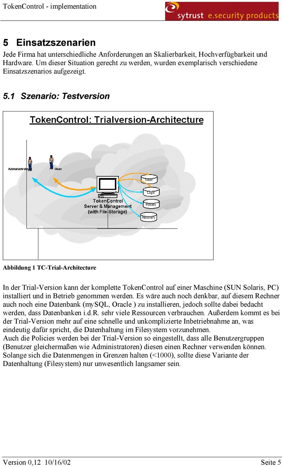 1 Szenario: Testversion Abbildung 1 TC-Trial-Architecture In der Trial-Version kann der komplette TokenControl auf einer Maschine (SUN Solaris, PC) installiert und in Betrieb genommen werden.