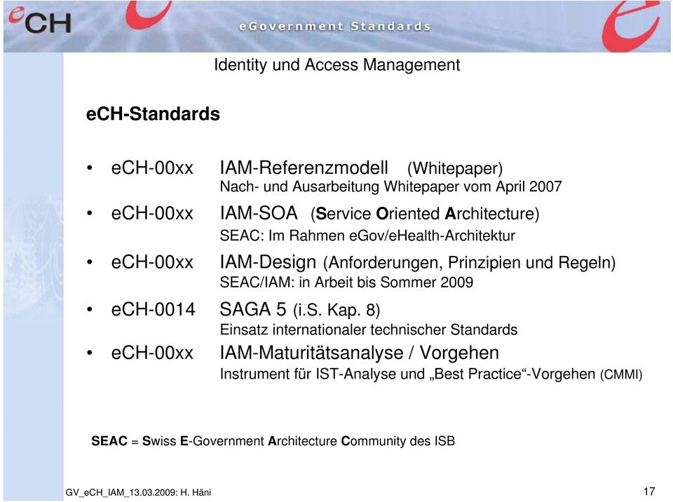 SEAC/IAM: in Arbeit bis Sommer 2009 ech-0014 SAGA 5 (i.s. Kap.