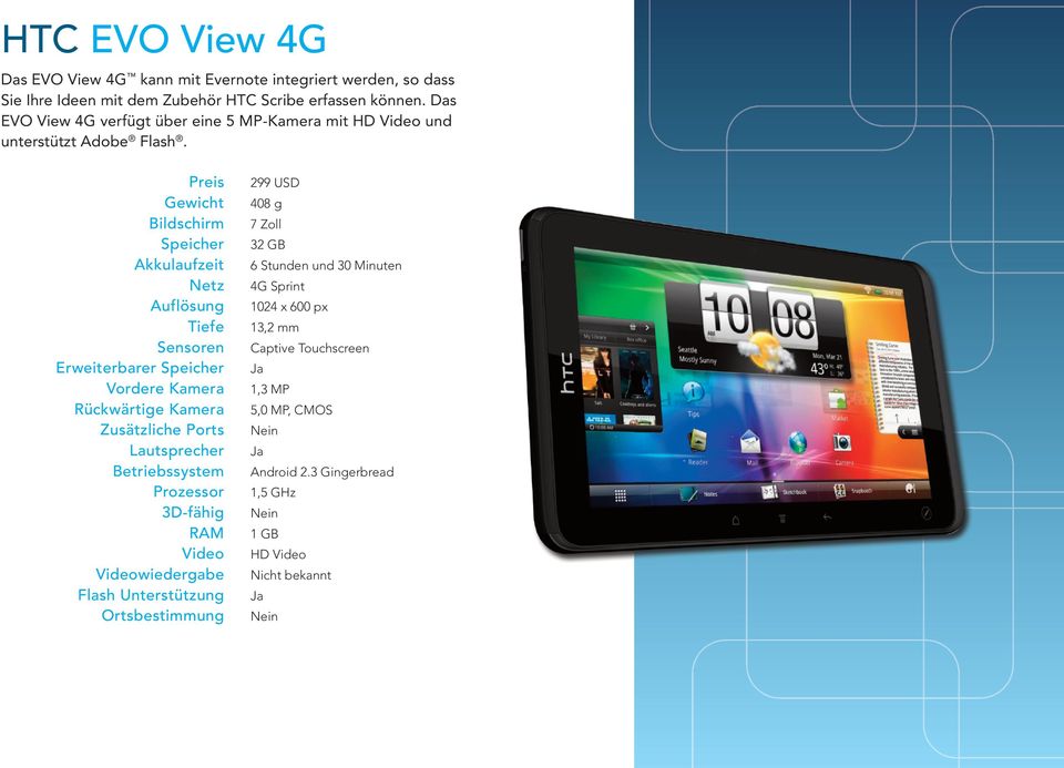 Das EVO View 4G verfügt über eine 5 MP-Kamera mit HD und unterstützt Adobe Flash.