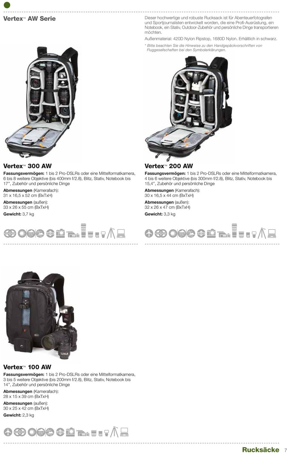 Vertex 300 AW Fassungsvermögen: 1 bis 2 Pro-DSLRs oder eine Mittelformatkamera, 6 bis 8 weitere Objektive (bis 400mm f/2.