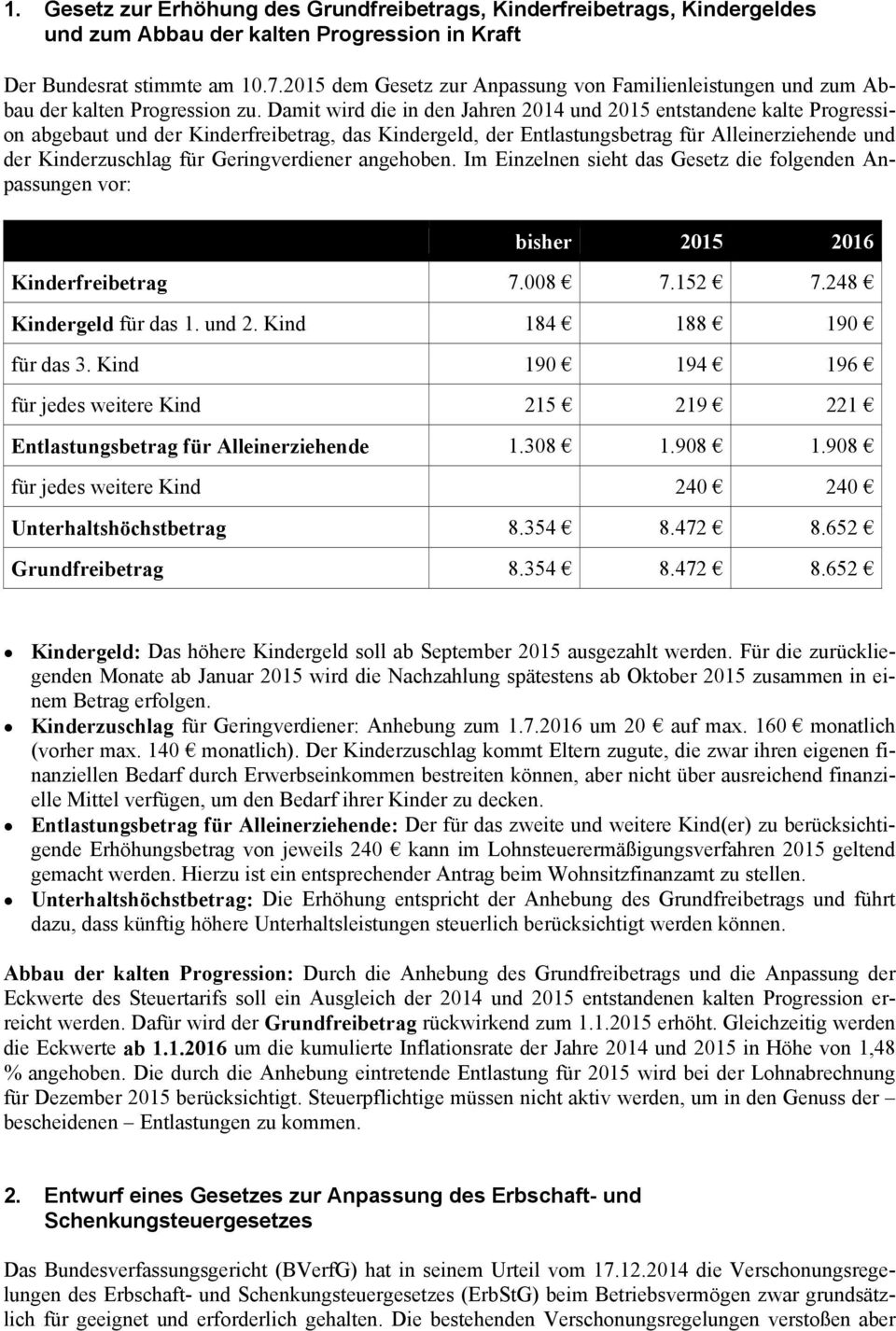 Damit wird die in den Jahren 2014 und 2015 entstandene kalte Progression abgebaut und der Kinderfreibetrag, das Kindergeld, der Entlastungsbetrag für Alleinerziehende und der Kinderzuschlag für