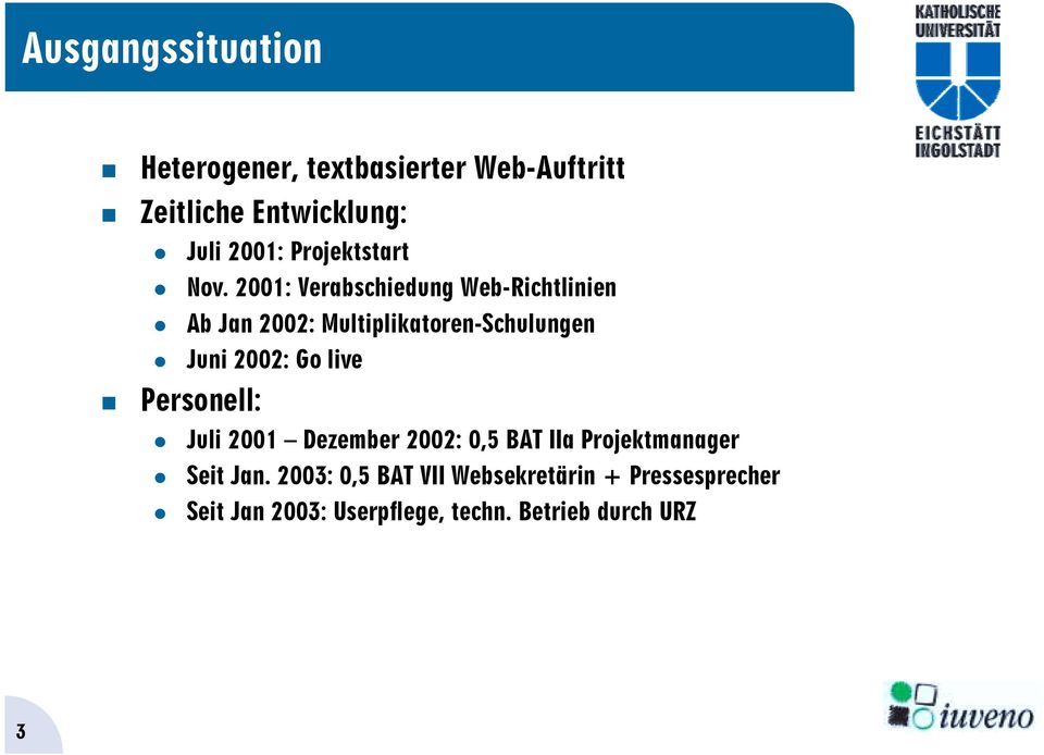 2001: Verabschiedung Web-Richtlinien " Ab Jan 2002: Multiplikatoren-Schulungen " Juni 2002: Go live!
