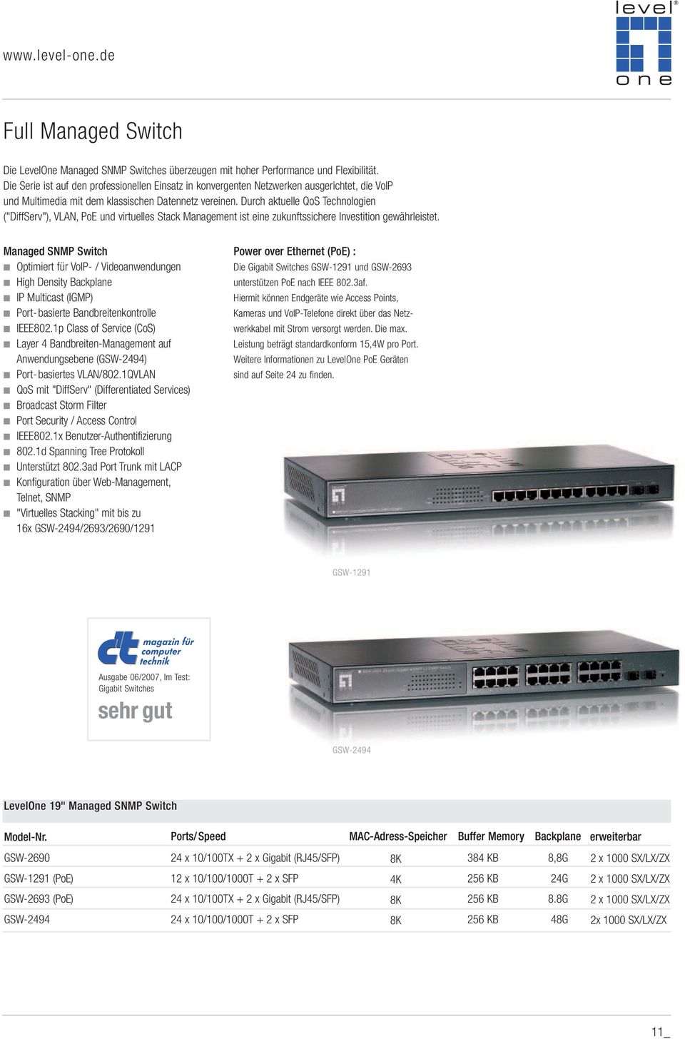 Durch aktuelle QoS Technologien ("DiffServ"), VLAN, PoE und virtuelles Stack Management ist eine zukunftssichere Investition gewährleistet.