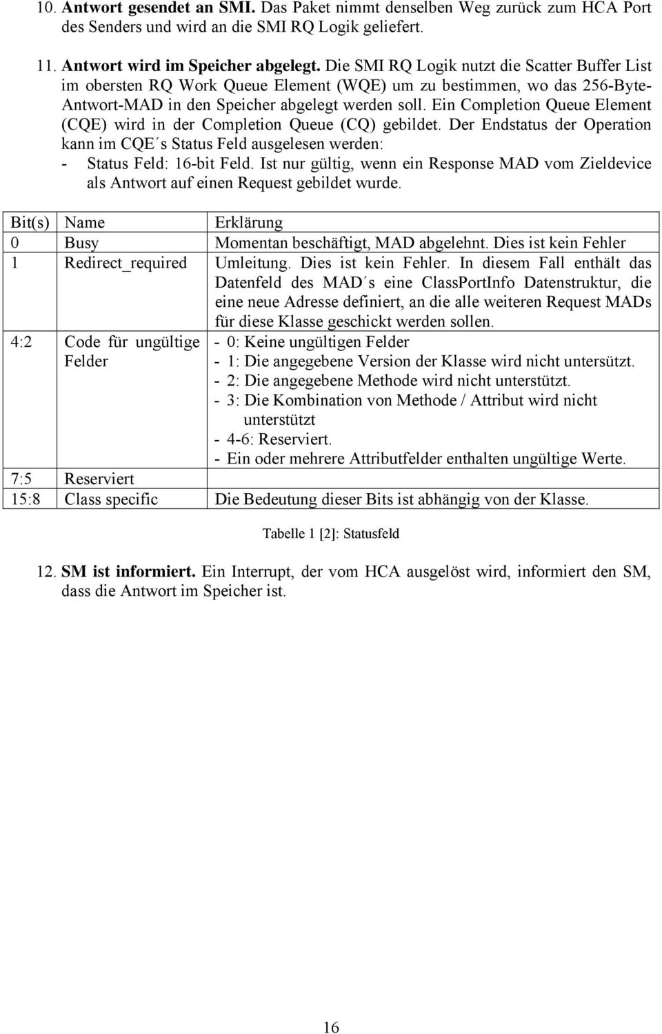 Ein Completion Queue Element (CQE) wird in der Completion Queue (CQ) gebildet. Der Endstatus der Operation kann im CQE s Status Feld ausgelesen werden: - Status Feld: 16-bit Feld.