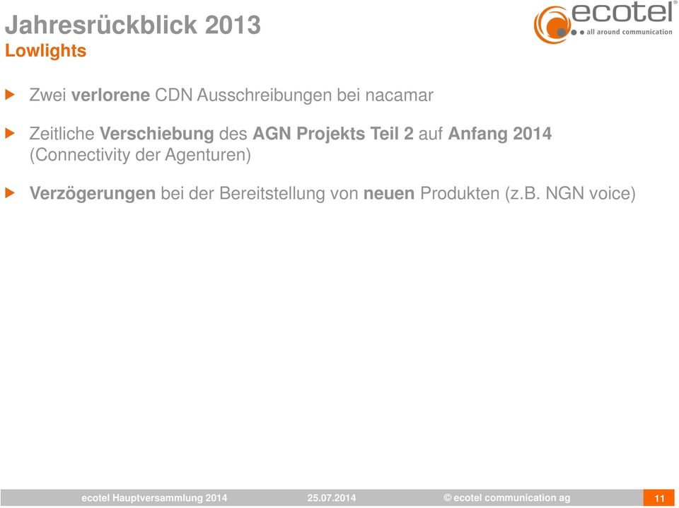der Agenturen) Verzögerungen bei der Bereitstellung von neuen Produkten (z.b. NGN voice) ecotel Hauptversammlung 2014 25.