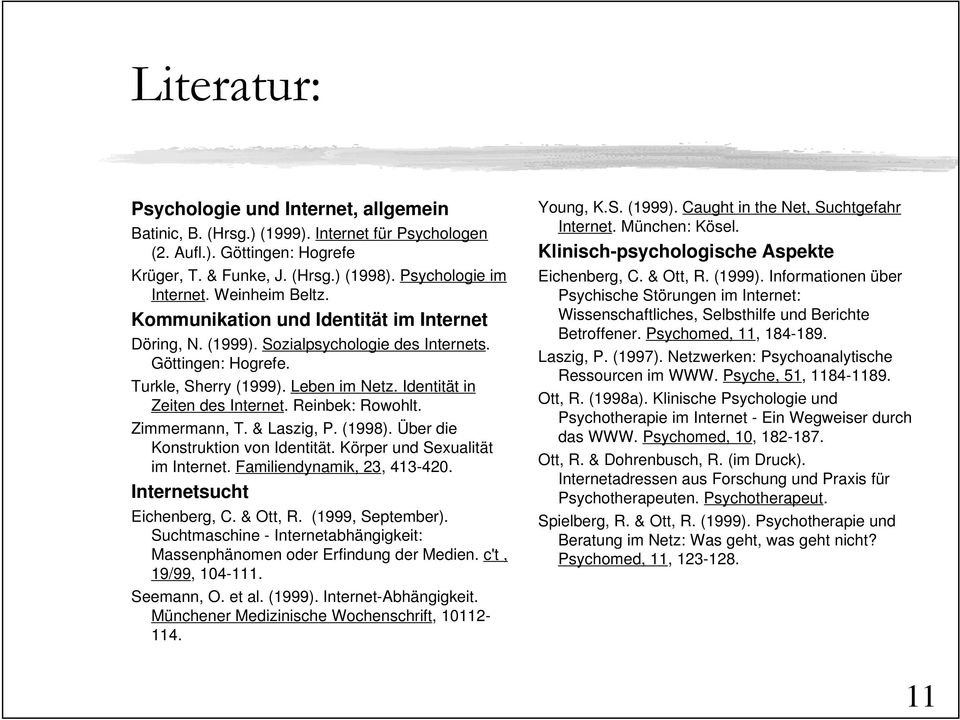 Reinbek: Rowohlt. Zimmermann, T. & Laszig, P. (1998). Über die Konstruktion von Identität. Körper und Sexualität im Internet. Familiendynamik, 23, 413-420. Internetsucht Eichenberg, C. & Ott, R.
