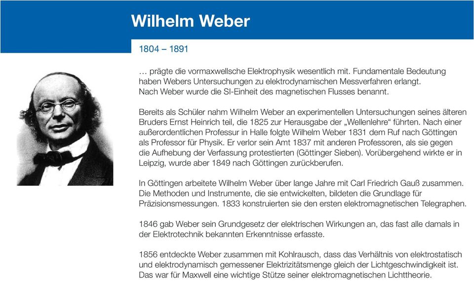 Bereits als Schüler nahm Wilhelm Weber an experimentellen Untersuchungen seines älteren Bruders Ernst Heinrich teil, die 1825 zur Herausgabe der Wellenlehre führten.