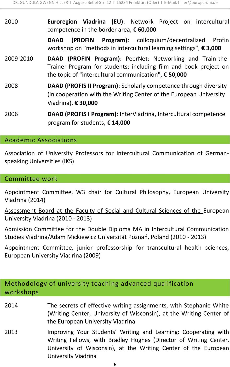 communication", 50,000 2008 DAAD (PROFIS II Program): Scholarly competence through diversity (in cooperation with the Writing Center of the European University Viadrina), 30,000 2006 DAAD (PROFIS I