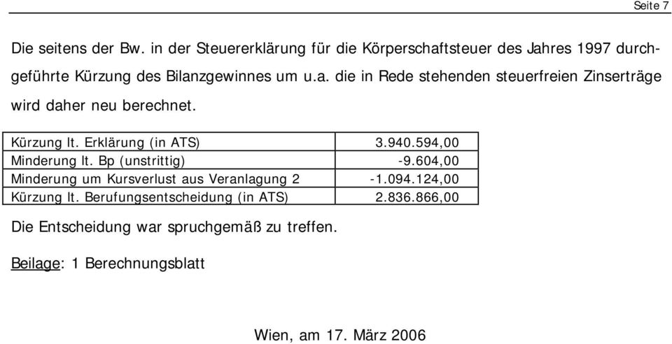 Kürzung lt. Erklärung (in ATS) 3.940.594,00 Minderung lt. Bp (unstrittig) -9.