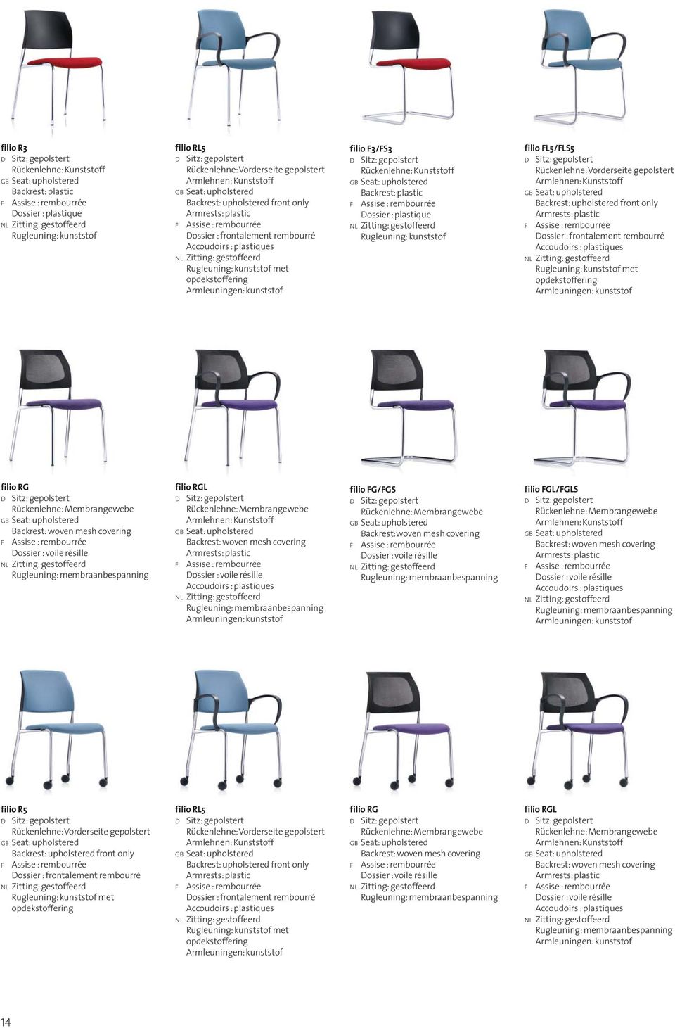 Backrest: upholstered front only Dossier : frontalement rembourré Rugleuning: kunststof met opdekstoffering filio RG Backrest: woven mesh covering filio RGL Backrest: woven mesh covering filio FG/FGS