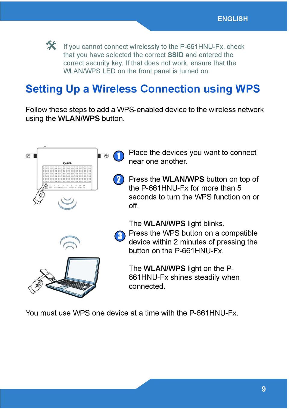 Setting Up a Wireless Connection using WPS Follow these steps to add a WPS-enabled device to the wireless network using the WLAN/WPS button.