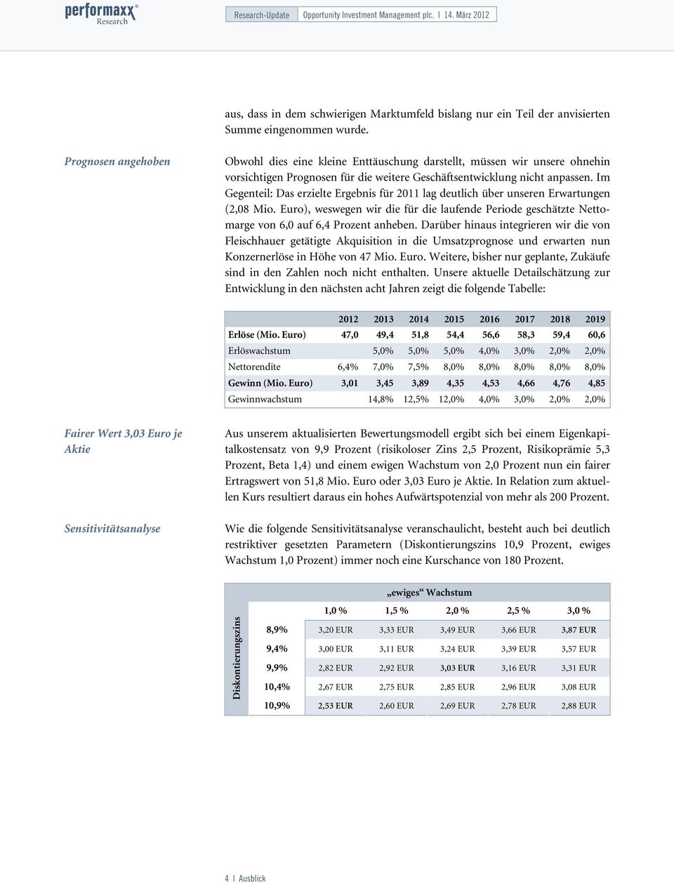 Im Gegenteil: Das erzielte Ergebnis für 2011 lag deutlich über unseren Erwartungen (2,08 Mio. Euro), weswegen wir die für die laufende Periode geschätzte Nettomarge von 6,0 auf 6,4 Prozent anheben.