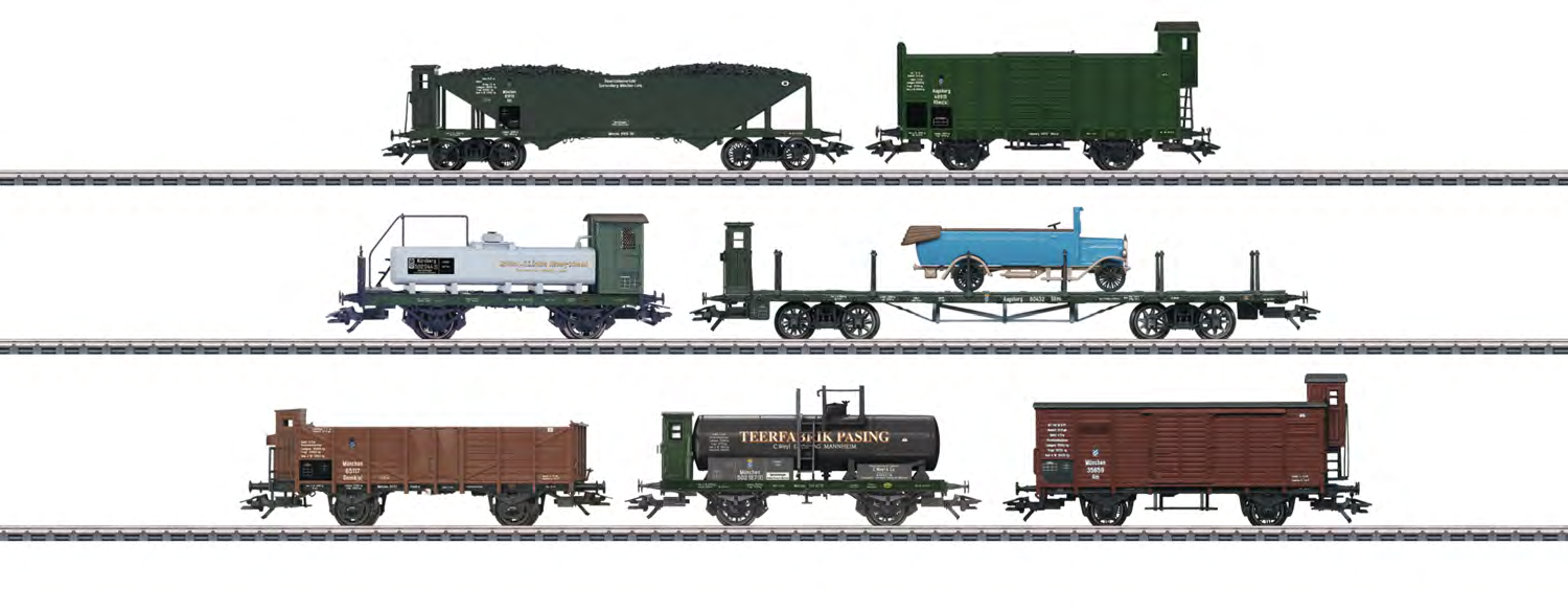 46082 Güterwagen-Set. Vorbild: 7 Güterwagen unterschiedlicher Bauart der Königlich Bayerischen Staatsbahn (K.Bay.Sts.B.). Betriebszustand um 1913. 1 Selbstentladewagen.