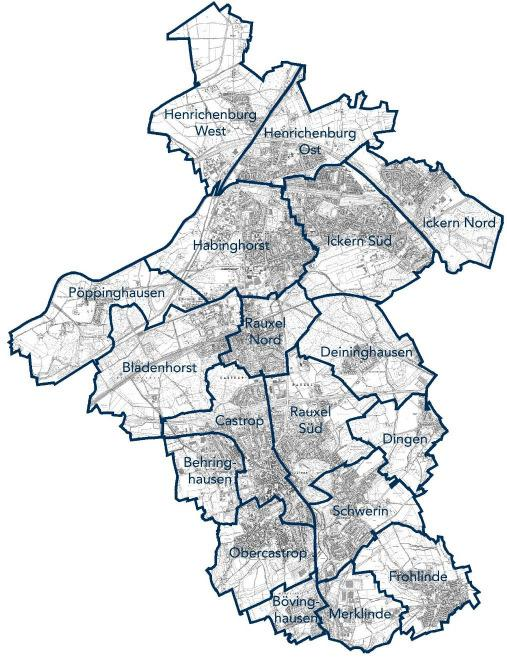Die Gesamtstadt Castrop-Rauxel setzt sich aus 18 statistischen Bezirken zusammen.