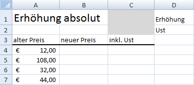 Beispiel 1. Erfassen wieder eine kurze Preisliste: 2. Geben Sie in C1 einen Prozentfaktor für die Erhöhung ein. 3. Geben Sie in C2 den Prozentfaktor für die Umsatzsteuer ein. 4.