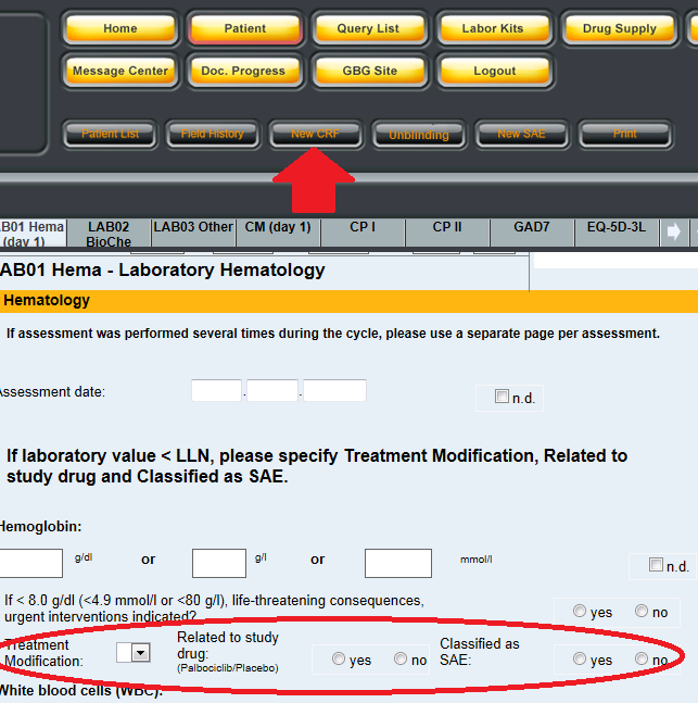 AE Dokumentation CRF für AE Dokumenation pro Zyklus auszufüllen (Zyklus 1 und 2 Tag 14 und 28)