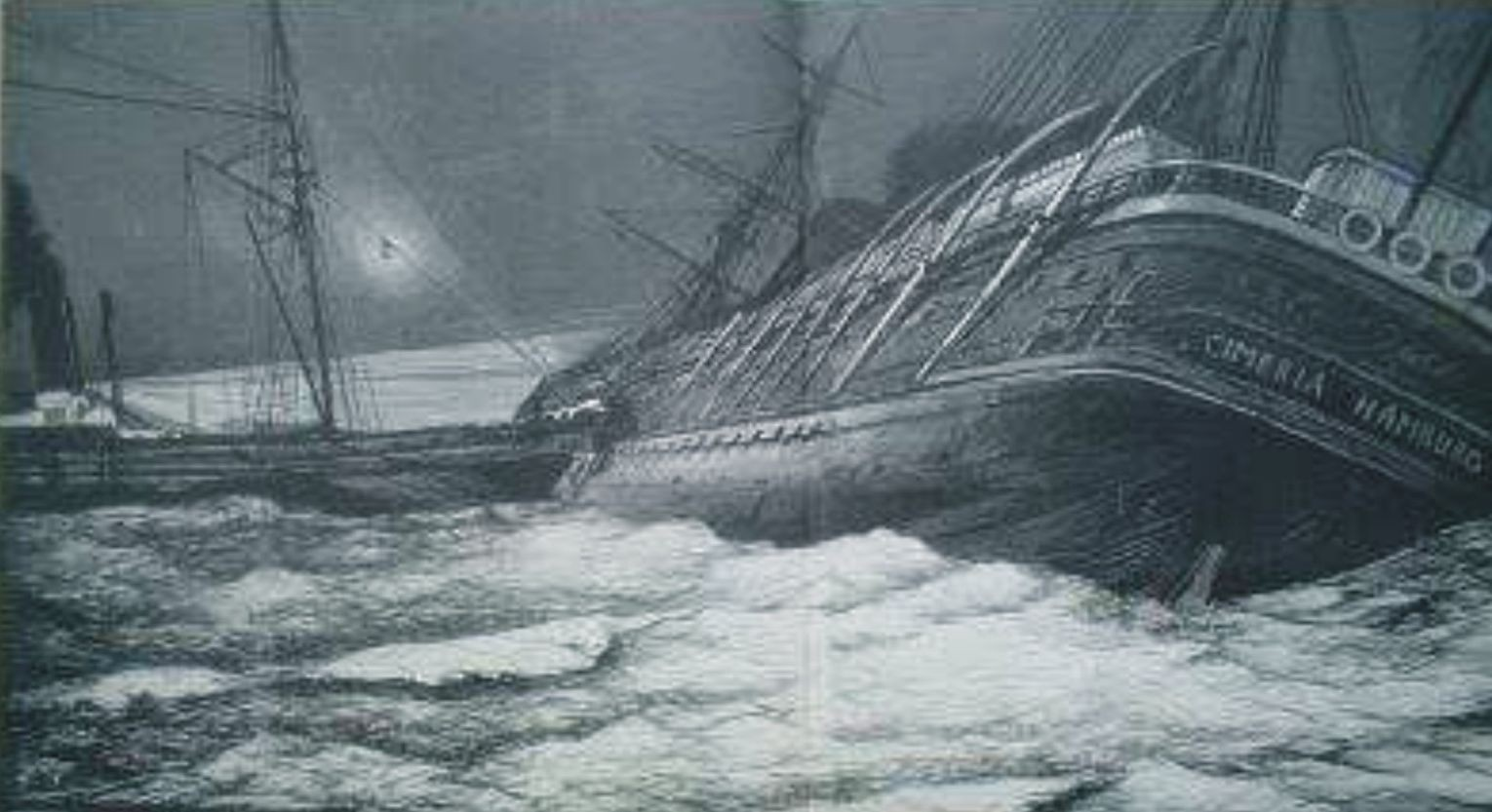 Die letzte Fahrt der SS Cimbria. Grafik: Dirk Meier Um 2 Uhr in der Nacht des 19. Januar peitscht ein eisiger Wind über das Meer, dichte Nebelschwaden machen die Sicht unmöglich.