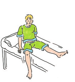 5. ins bett legen 6. aufstehen 5. Setzen Sie sich auf die Bettkante und heben Sie zunächst das gesunde Bein ins Bett.