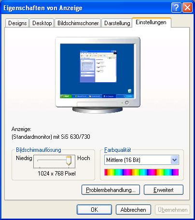 Windows XP: Eigenschaften von Anzeige Dieses Windows-Programm bietet Ihnen die Möglichkeit, die Darstellung auf Ihrem Bi