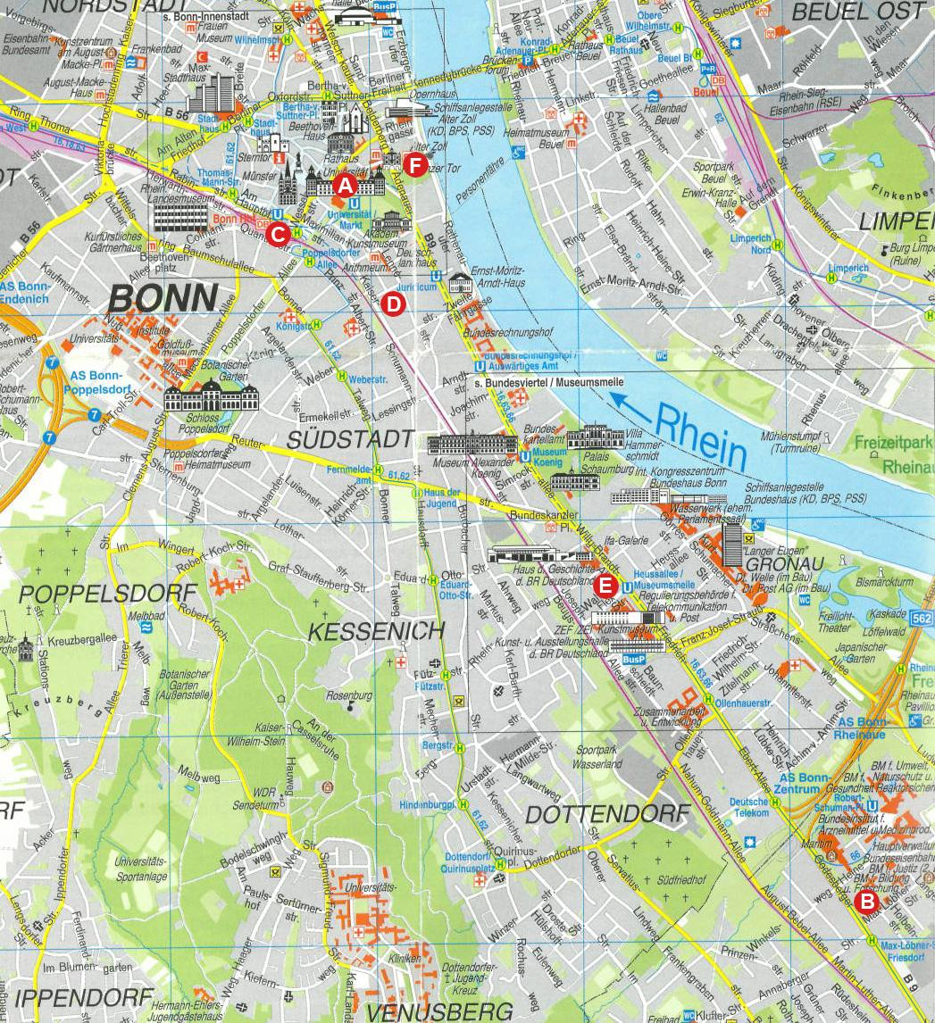 Ausschnitt des Stadtplans von Bonn mit den relevanten Veranstaltungsorten A: Tagungsort: Rheinische Friedrich-Wilhelms-Universität Bonn, Hauptgebäude B: DIE,
