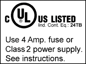 Anhang 2. UL-Zertifikation nach UL508 mit eingeschränkter Leistungsaufnahme. Die Stromaufnahme durch das Gerät wird begrenzt auf eine max. mögliche Stromaufnahme von 4 A.
