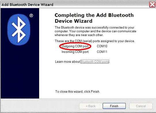 - Tragen Sie 1234 als Schlüssel aus der Dokumentation ein. - Der Serielle Port der Bluetooth dongle software ist nun aktiv.