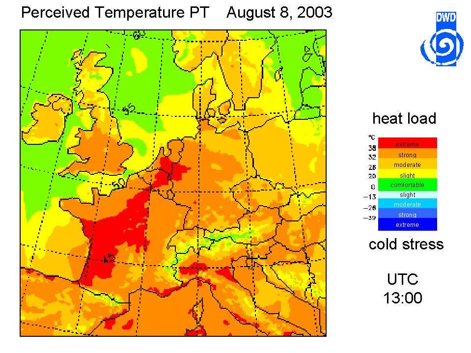 Gefühlte Temperatur in Europa am 8. August 2003 Wärmebilanzmodell des menschlichen Körpers: Wärmeaufnahme (Temperatur) Verdunstung (Temp.
