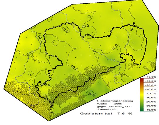 Prozentuale Änderung der Niederschlagsmenge bis 2100 in Sachsen (Wintermonate) 2001-2010 2031-2040 7.6% 7.