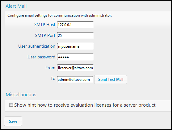 Altova LicenseServer 85 SMTP Host und SMTP Port sind die Zugriffseinstellungen des E-Mail-Servers, von dem aus die E- Mail gesendet wird.