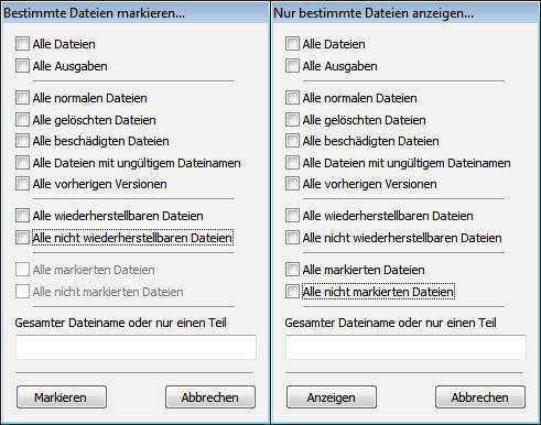 Bildschirm Gefundene Dateien Fenster Bestimmte Dateien markieren und Nur bestimmte Dateien anzeigen Folgende Einstellungsmöglichkeiten stehen zur Verfügung: Alle Dateien Alle Probleme Alle normalen