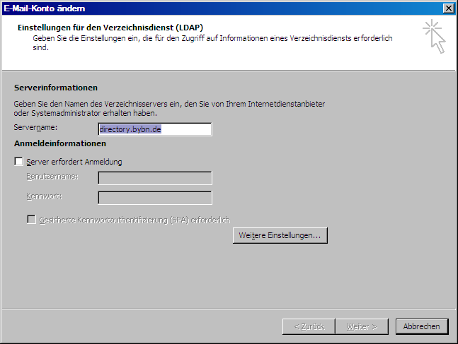 Unter Servername tragen Sie den DNS-Namen des Servers ein, der den LDAP- Verzeichnisdienst bereitstellt.