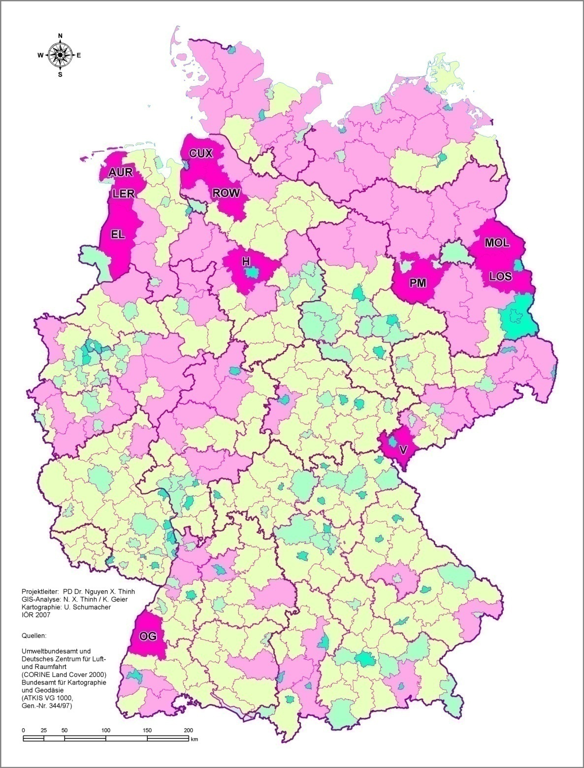 Zerklüftungsgrad der Siedlungsfläche nach Kreisen und kreisfreien Städten in Deutschland 2000 *