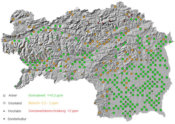 Abbildung 4-10: Cadmium Belastung in der Steiermark (Quelle: Land Steiermark) Im Südosten der Steiermark liegen die Messwerte auf allen Flächen im geogenen Bereich (Normalwert < 0,30 mg/kg), entlang