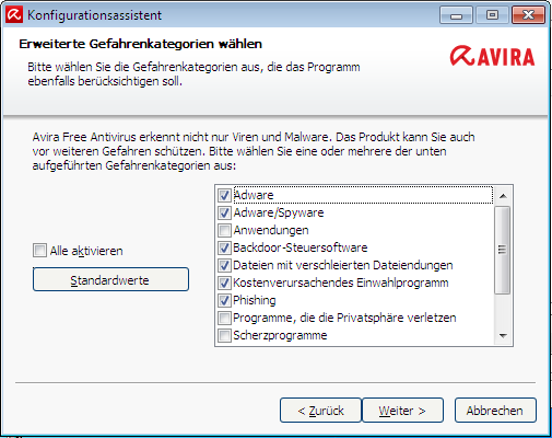 Eine Anzahl von Gefahrenkategorien ist bereits standardmäßig vorausgewählt. Aktivieren Sie ggf. weitere Gefahrenkategorien im Dialogfenster Erweiterte Gefahrenkategorien wählen.