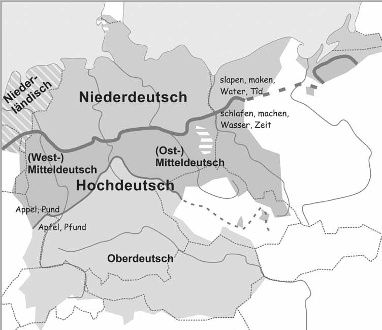 Dialekte in Bayern Sprache, Heimat, Werte Hochdeutsch und Niederdeutsch im ehemaligen deutschen Sprachgebiet. Karte: Manfred Renn / Werner König: Kleiner Bayerischer Sprachatlas. München 2006, S.