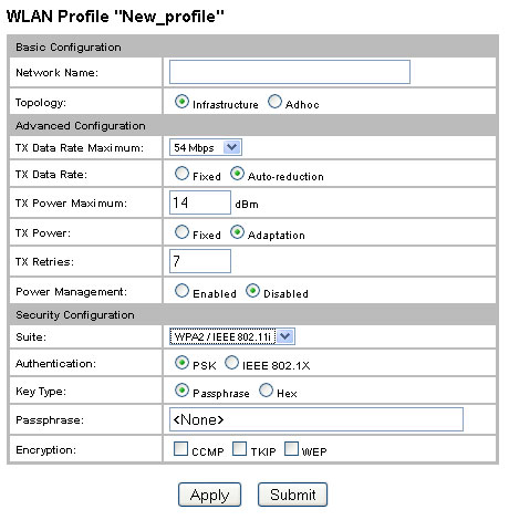 2.3 Profil anlegen - Wählen Sie WLAN-Profiles im linken Menü. - Vergeben Sie einen Namen für das neue Verbindungs-Profil (z.b. New_profile). - Bestätigen Sie Ihren Eintrag mit Submit.
