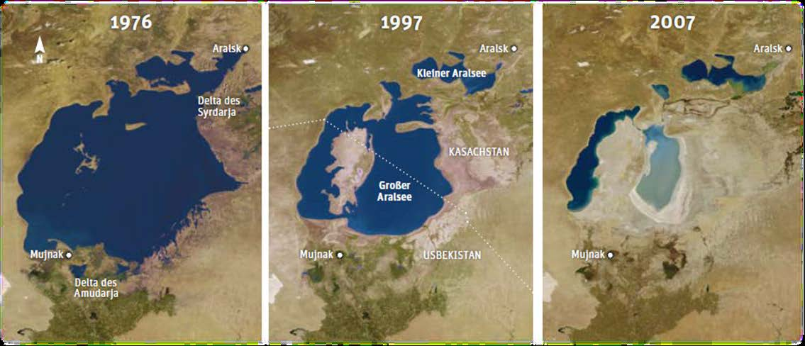Aralsee: Flächenverlust 1960 bis heute: > 70%; Salzgehaltanstieg von 10 auf 87 g/l Ursachen: Anbau von sehr wasserbedürftigen