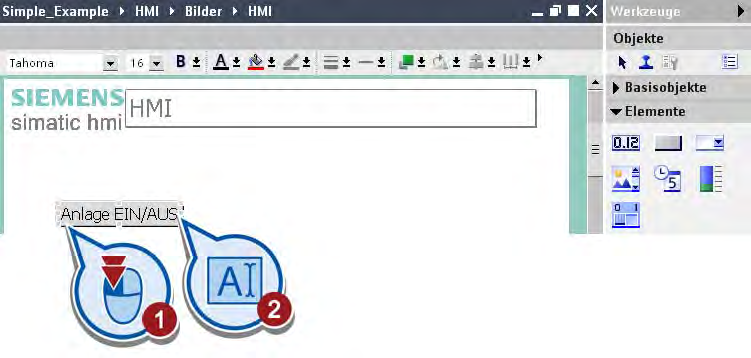Einfaches Beispiel 2.6 HMI-Bild erstellen 3. Aktivieren Sie im Inspektorfenster die Option "Objekt an Inhalt anpassen", um die Schaltflächengröße automatisch an die Textlänge anzupassen.