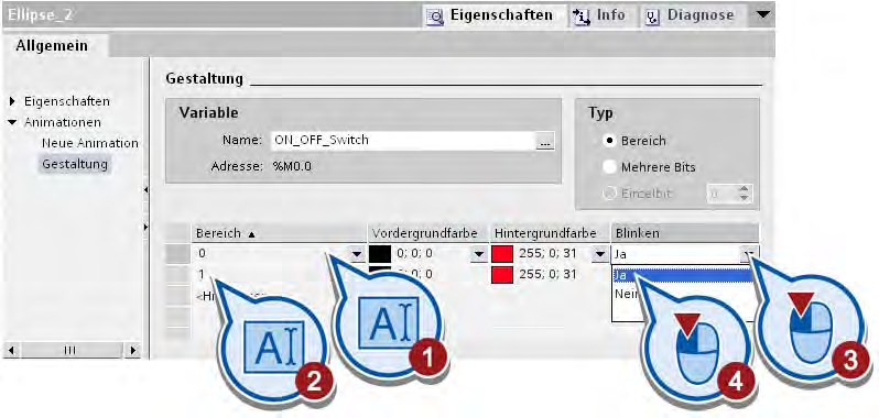 Einfaches Beispiel 2.6 HMI-Bild erstellen 8. Verknüpfen Sie die Animation ebenfalls mit der PLC-Variablen "ON_OFF_Switch". 9. Ändern Sie die Gestaltung der LED abhängig vom Status der PLC-Variablen.