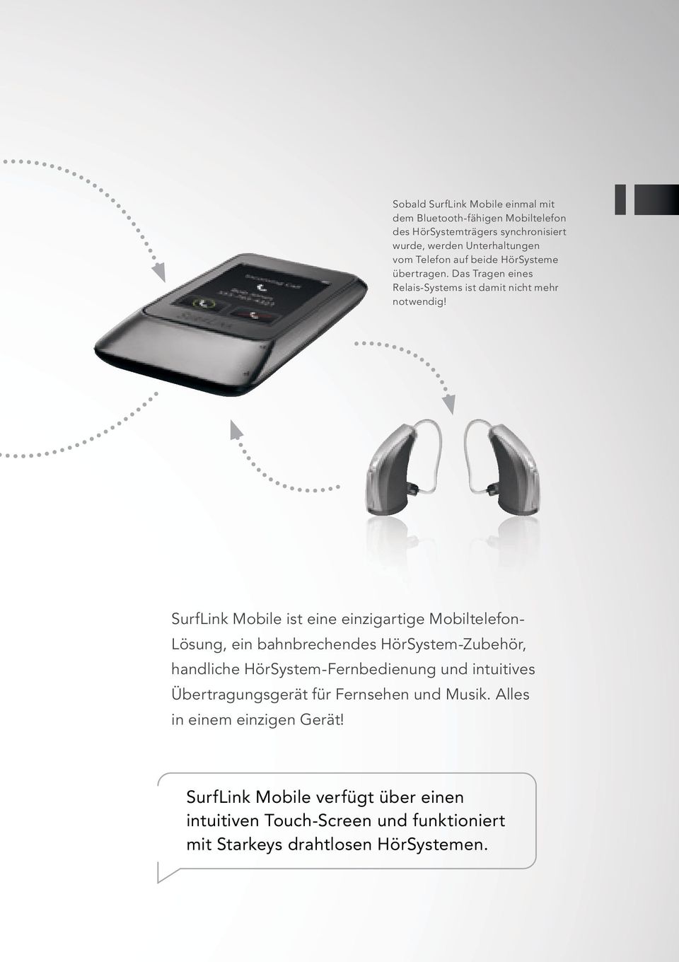 SurfLink Mobile ist eine einzigartige Mobiltelefon- Lösung, ein bahnbrechendes HörSystem-Zubehör, handliche HörSystem-Fernbedienung und