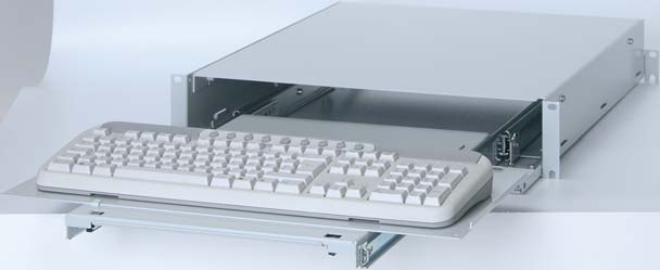 Tastatureinschub HE 0 9 -Tastatureinschub HE Tastaturschubfach mit abklappbarer Frontplatte zur Aufnahme von allen handelsüblichen Tastaturen vorhandene Tastaturen können im 9 -Rack integriert