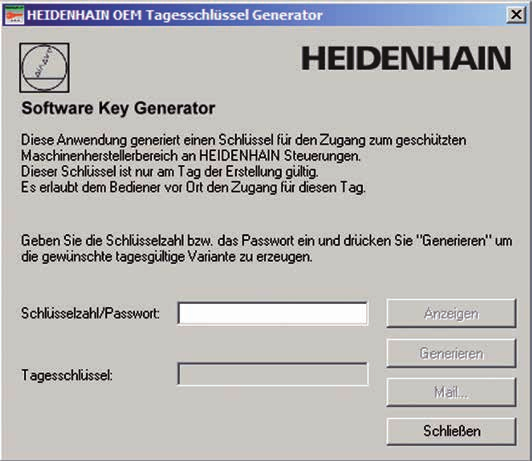 PC-Software TNCkeygen Freigabe-Schlüssel für Software-Optionen TNCkeygen ist eine Sammlung von PC- Software-Tools zum Erzeugen von zeitlich begrenzten Freigabe-Schlüsseln für HEIDENHAIN-Steuerungen.