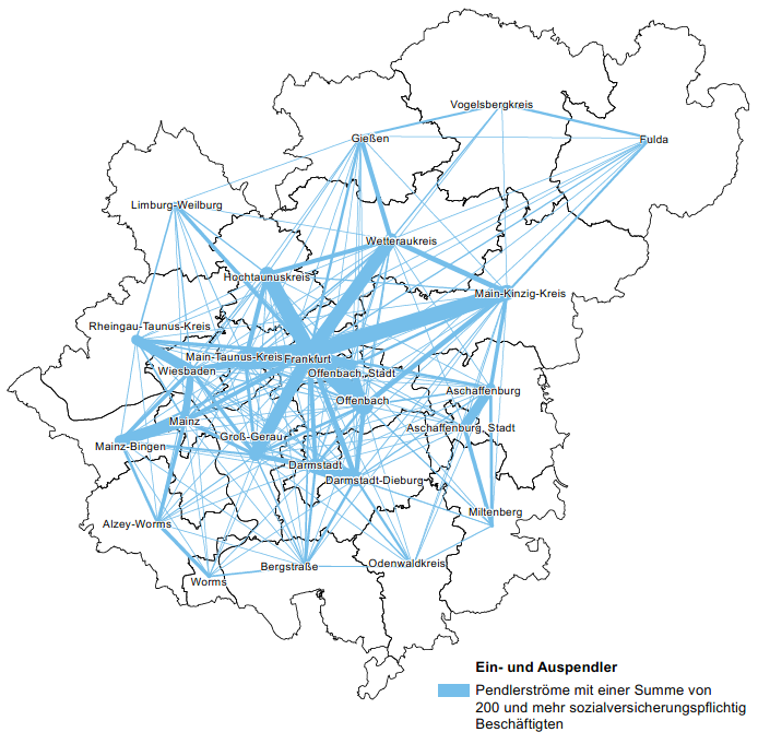 Die Pendlerverflechtungen in der Region Das mit fast 342.000 Einpendlern wichtigste Pendlerziel der Region ist Frankfurt.