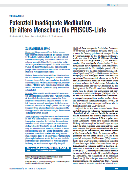 Potentiell inadäquate Medikation für ältere Menschen die Pricus- Liste Dtsch Ärztebl Int 107 (2010) 543-551 PIM: